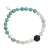 Handcrafted essential oil diffuser bead bracelet made with calm-inducing amazonite gemstones, quartz, gold accents, and porous lava stone.
