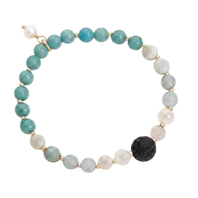 Handcrafted essential oil diffuser bead bracelet made with calm-inducing amazonite gemstones, quartz, gold accents, and porous lava stone.
