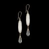 Handcrafted Chelsea Bond Jewelry Caribbean Cove earrings with white agate sugar druzy ovals and clear faceted crystal quartz teardrops wire-wrapped in 14k gold-filled hooks against a solid black background.