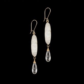 Handcrafted Chelsea Bond Jewelry Caribbean Cove earrings with white agate sugar druzy ovals and clear faceted crystal quartz teardrops wire-wrapped in 14k gold-filled hooks against a solid black background.