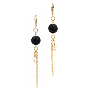 Lava stone diffuser earrings with round black volcanic rocks, small white pearls, and hanging gold chain links
