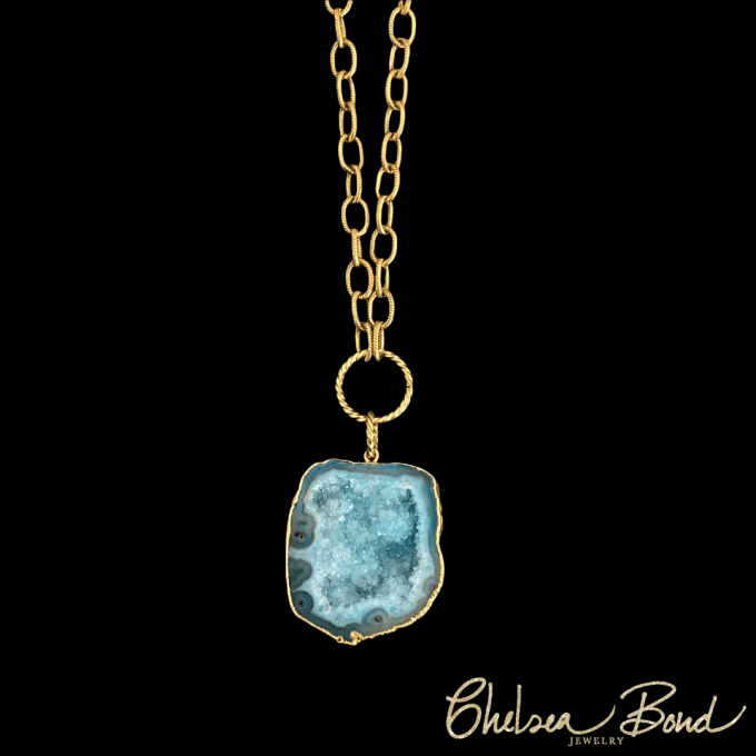 Grand Cayman Necklace turquoise druzy on gold chain