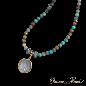 beaded necklace with druzy pendant
