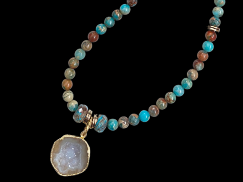 beaded necklace with druzy pendant