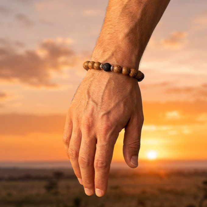 Man wearing a wooden bead bracelet with a black lava stone accent on his wrist against a sunset background.