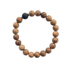 A circular arrangement of a wooden bead bracelet featuring one black lava stone bead isolated on a white background.