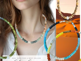 Colorful beaded gemstone necklace layered for elevated resort style