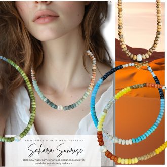 Colorful beaded gemstone necklace layered for elevated resort style