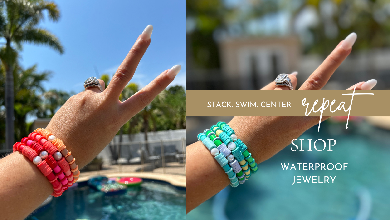 Colorful waterproof bracelet stacked on a wrist in front of pool.
