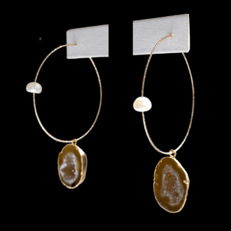 Gold hoop earrings with pearls and unique druzies.