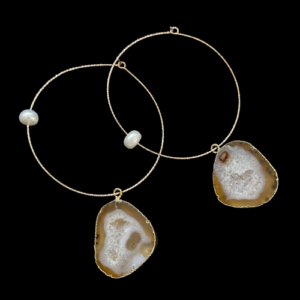 Gold hoop earrings with brown druzy and pearls.