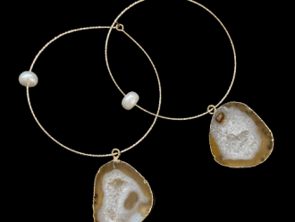 Gold hoop earrings with brown druzy and pearls.