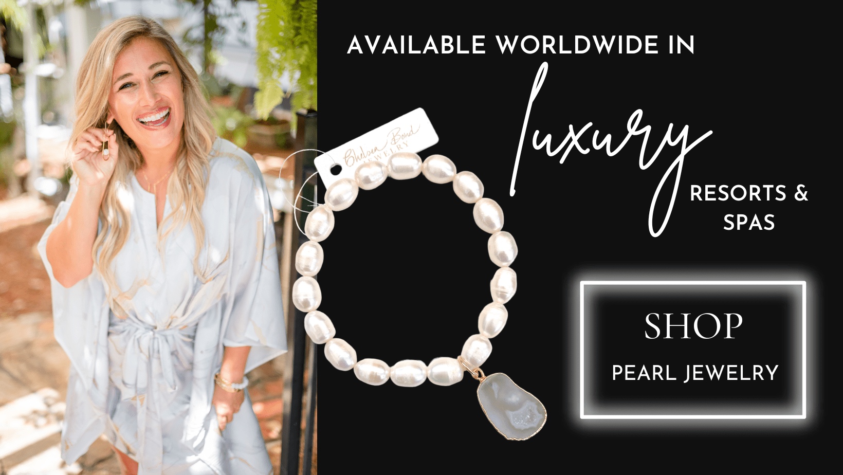 pearl bracelet with gray druzy charm and woman with blonde hair with floral kimono dress.