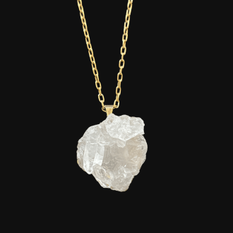 clear quartz necklace on gold chain.