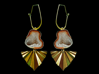 one of a kind druzy earrings with triangle gold crinkle pendant and geodes.