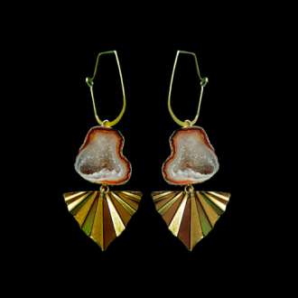 one of a kind druzy earrings with triangle gold crinkle pendant and geodes.