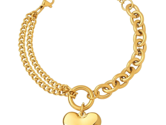 Chic waterproof gold bracelet with multiple chains and heart charm, exuding elegance.