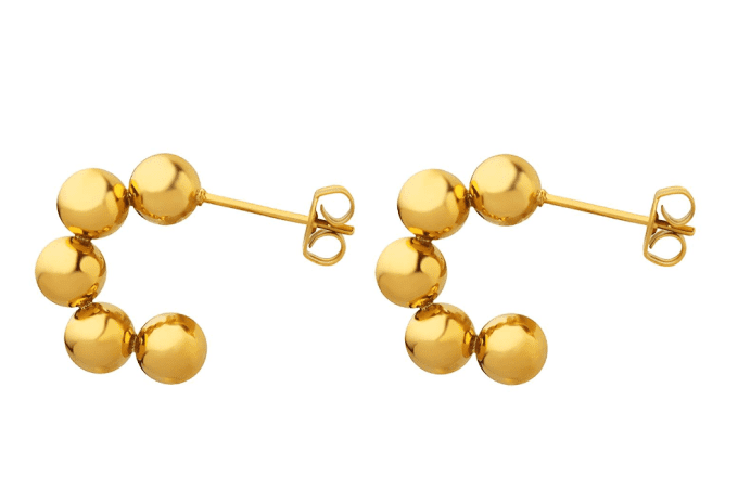Gold Bubble Stud Earrings - Small, Waterproof, Tarnish-Resistant, Hypoallergenic A pair of small, gold bubble-shaped stud earrings with a smooth, polished finish.