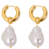 Gold and pearl drop earrings on white background
