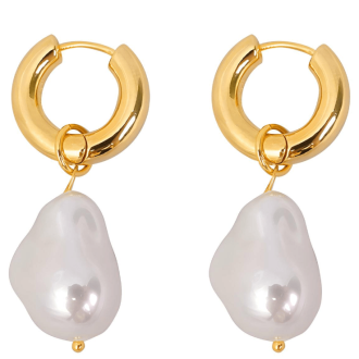 Gold and pearl drop earrings on white background