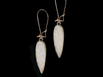 Druzy gemstone earrings in various colors on 14k gold-filled kidney earwires, perfect for resort, boutique, and spa jewelry collections.