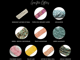 Luxury customizable gemstone beads for a gold charm bracelet, available in Aquamarine, Strawberry Quartz, Green Amazonite, Purple Sea Sediment Jasper, Peach Moonstone, Yellow Jade, Mother of Pearl, and African Turquoise.