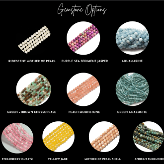 Luxury customizable gemstone beads for a gold charm bracelet, available in Aquamarine, Strawberry Quartz, Green Amazonite, Purple Sea Sediment Jasper, Peach Moonstone, Yellow Jade, Mother of Pearl, and African Turquoise.