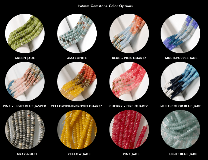 Gemstone bead color options for Chelsea Bond Jewelry necklaces.