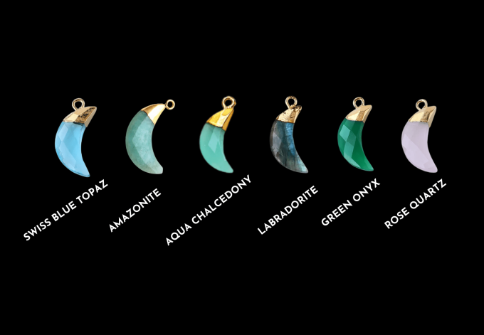 gemstone horn charm options-min Gemstone horn-shaped crescent moon charms in Swiss Blue Topaz, Amazonite, Aqua Chalcedony, Labradorite, Green Onyx, and Rose Quartz with gold detailing.