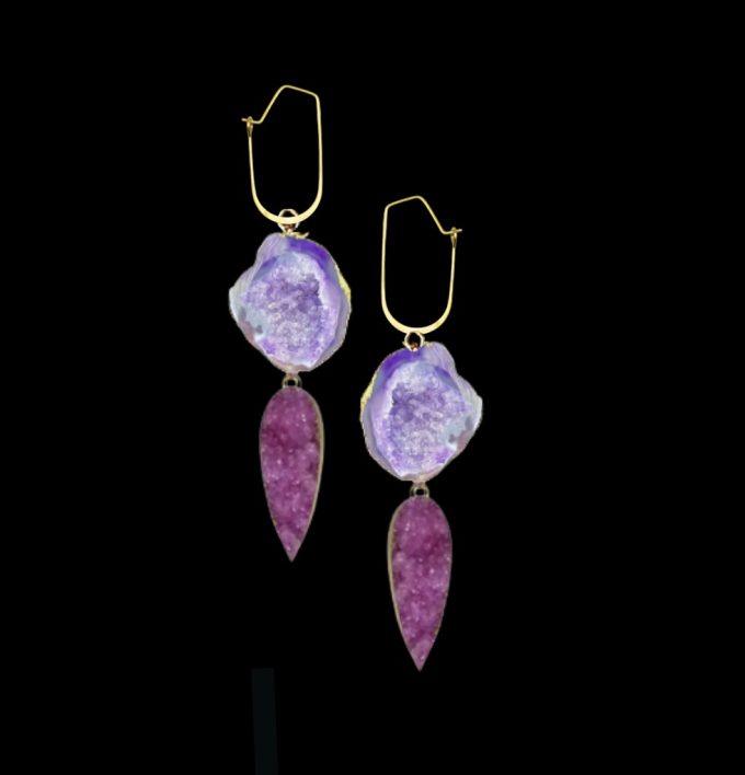 Geode and druzy statement earrings featuring natural gemstones, designed for resort, boutique, and spa jewelry collections.