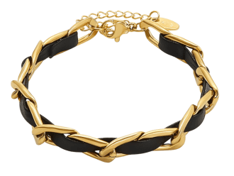 Waterproof gold chain bracelet with black material woven through links, hypoallergenic and tarnish-resistant, made with gold-plated stainless steel
