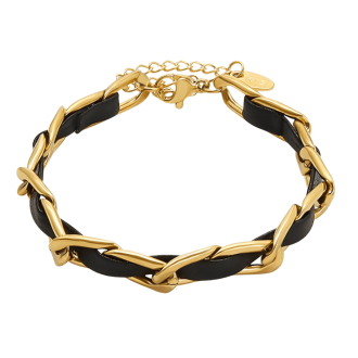 Waterproof gold chain bracelet with black material woven through links, hypoallergenic and tarnish-resistant, made with gold-plated stainless steel
