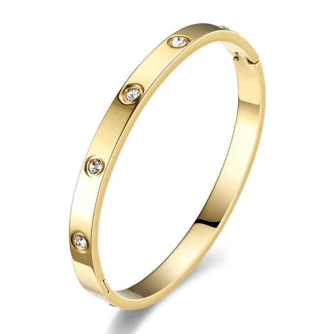 Waterproof gold bangle bracelet with rhinestone crystals, made of stainless steel with gold plating, tarnish-resistant and hypoallergenic.