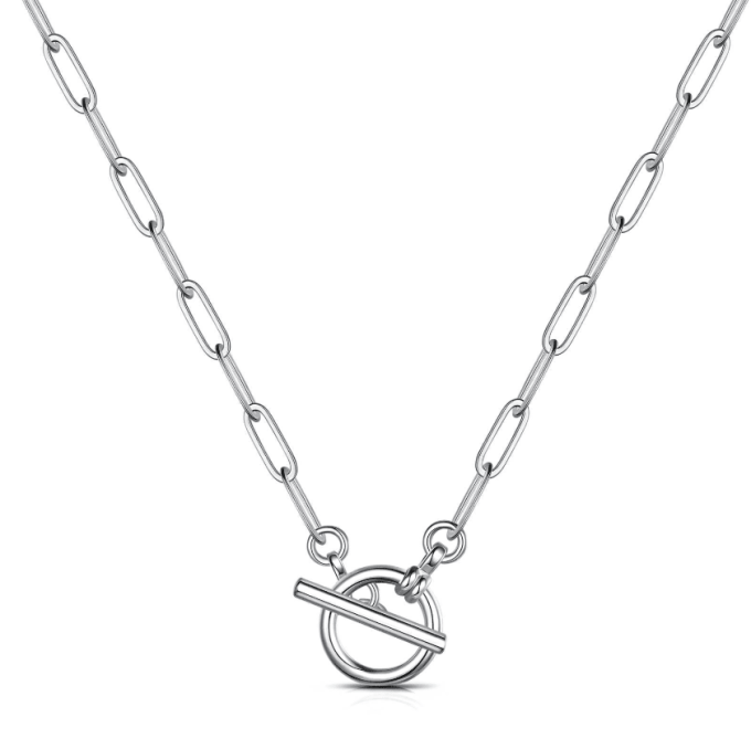 Silver waterproof necklace with toggle clasp.