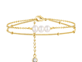 Elegant waterproof double bracelet with triple pearls and crystal charm, hypoallergenic and tarnish-resistant, made with stainless steel and gold plating