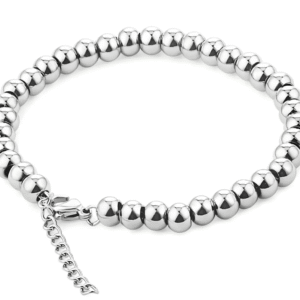 Dainty silver ball bracelet with chain – waterproof, tarnish-resistant, and hypoallergenic jewelry on white background.