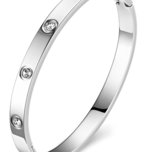 Silver crystal bangle bracelet with cubic zirconia stones on a white background – minimal, waterproof, and tarnish-resistant.