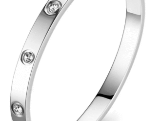 Silver crystal bangle bracelet with cubic zirconia stones on a white background – minimal, waterproof, and tarnish-resistant.