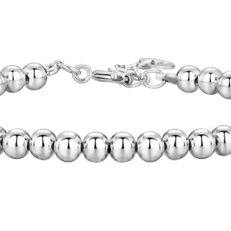 Close-up of minimalist waterproof silver bead bracelet with fine chain, perfect for layering or solo wear.