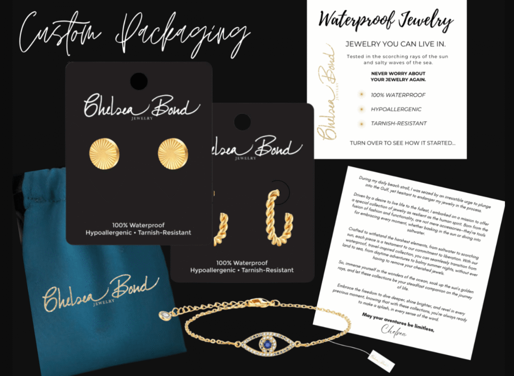 waterproof gold jewelry on black jewelry cards with a teal logo gift pouch.