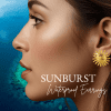Gold Waterproof Post Earrings - Chelsea Bond Jewelry Close-up of a woman wearing Sunburst Waterproof gold post earrings from Chelsea Bond Jewelry, with an ocean-inspired blue background highlighting the radiant sun design.