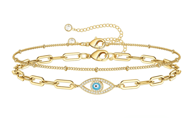 Double gold chain evil eye waterproof bracelet - Chelsea Bond Jewelry