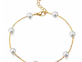 Pearl and gold waterproof bracelet with extender chain.
