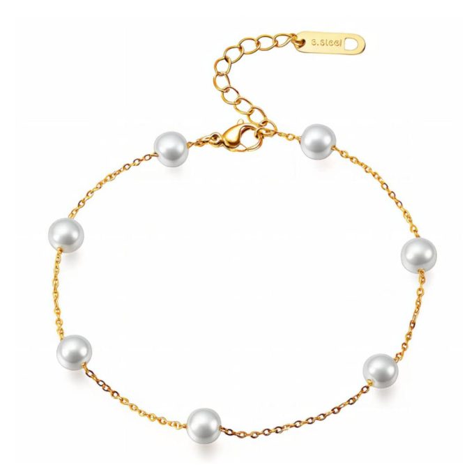 Pearl and Gold Waterproof Bracelet - Chelsea Bond Jewelry Pearl and gold waterproof bracelet with extender chain.