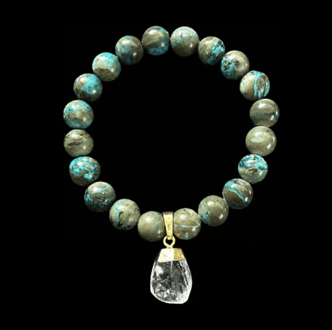Blue and green gemstone bracelet with clear quartz charm.