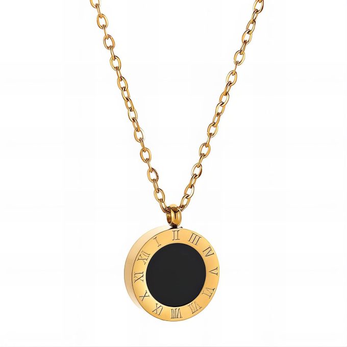 Waterproof Necklace with Roman Numeral Black and Gold Pendant