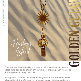 Product showcase image for the Harbour Island Necklace from the Golden Getaway Collection, featuring a gold link chain layered with a radiant multi-ray sunburst connector, a textured vertical gold bar, and a crystal-set sun coin charm on a sandy beach background with wholesale ordering text below.
