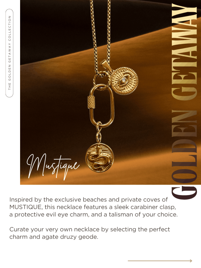 Gold carabiner necklace with evil eye and snake charm talisman.