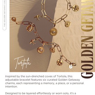 Wholesale gold charm bracelet for spa and resort retail over laid on sand background.