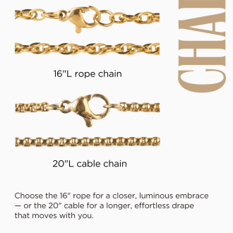 E-commerce options menu for the Golden Getaway Collection showing close-ups of a gold 16 inch rope chain with a lobster clasp and a gold 20 inch cable chain, optimized for custom resort jewelry catalogs and wholesale ordering portals.